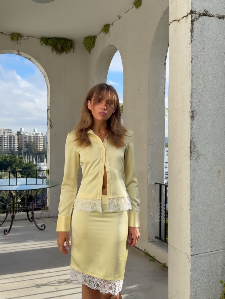 Elastic Lace Trim - Żółty dwuczęściowy zestaw z koronkowym wykończeniem: