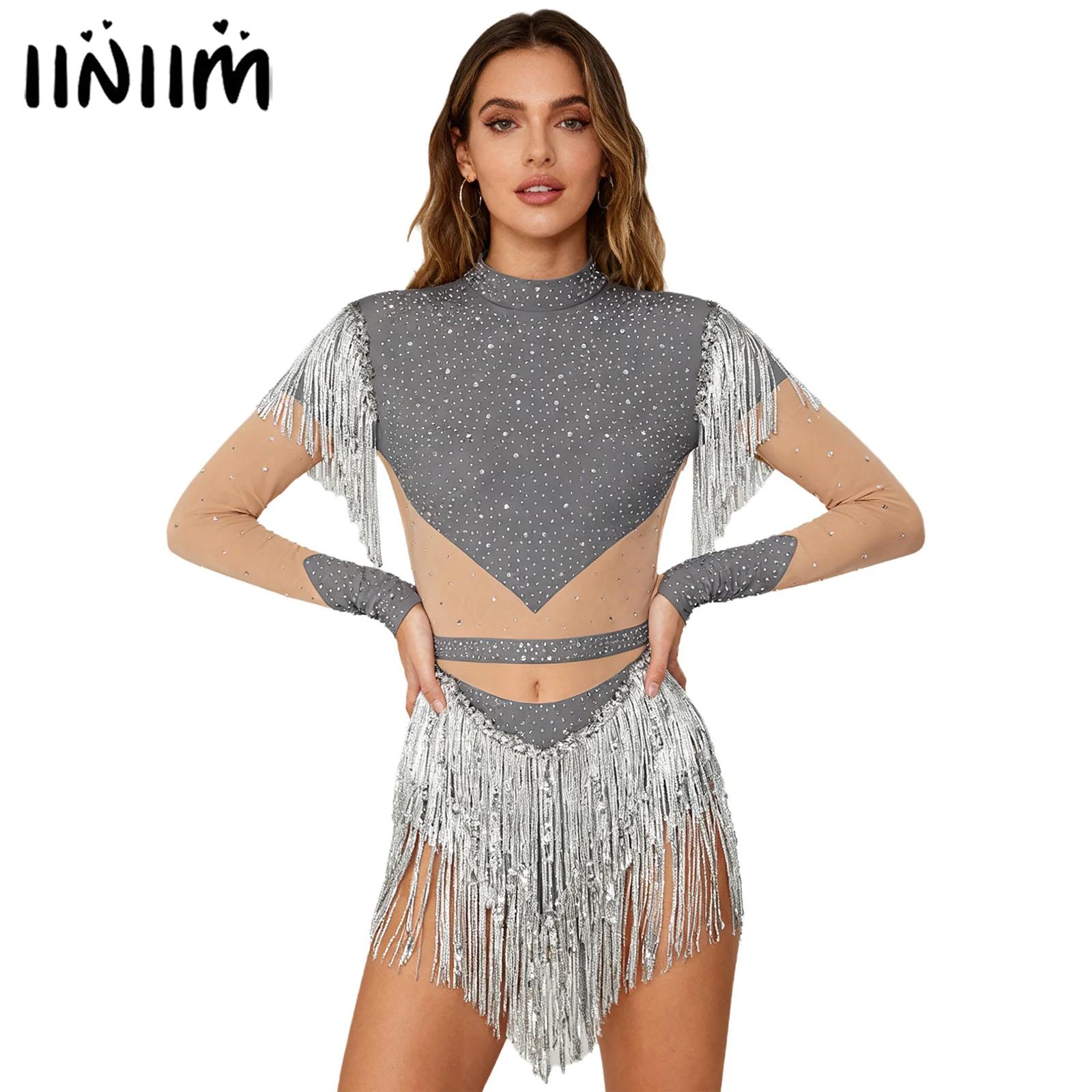 Rhinestone Banding Trim - Damski strój gimnastyczny z cekinami, frędzlami