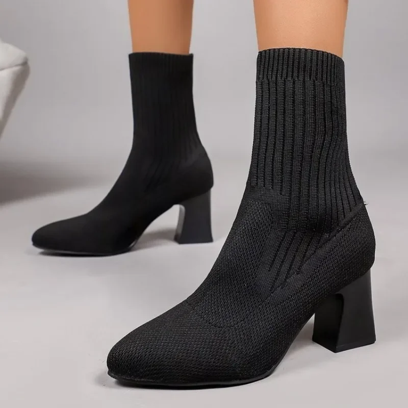 Embellish Knit - Damskie dziergane botki do kostki, szpiczaste,