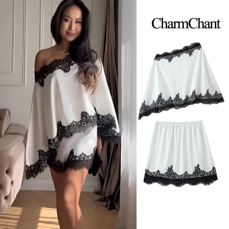 Elastic Lace Trim - CHARMCHANT Damski dwuczęściowy zestaw z satynowym